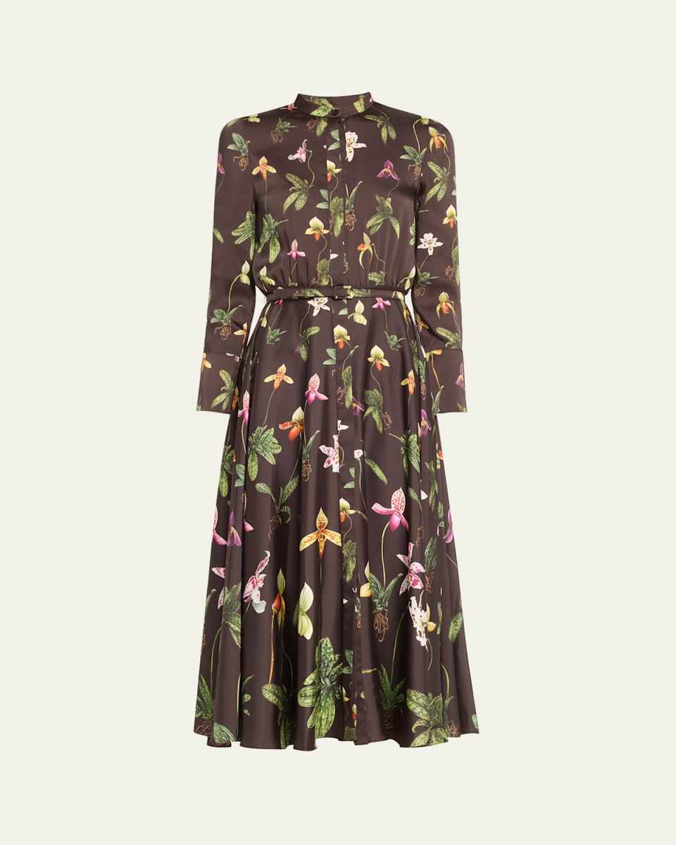 Orchids Silk Twill Belted Dress